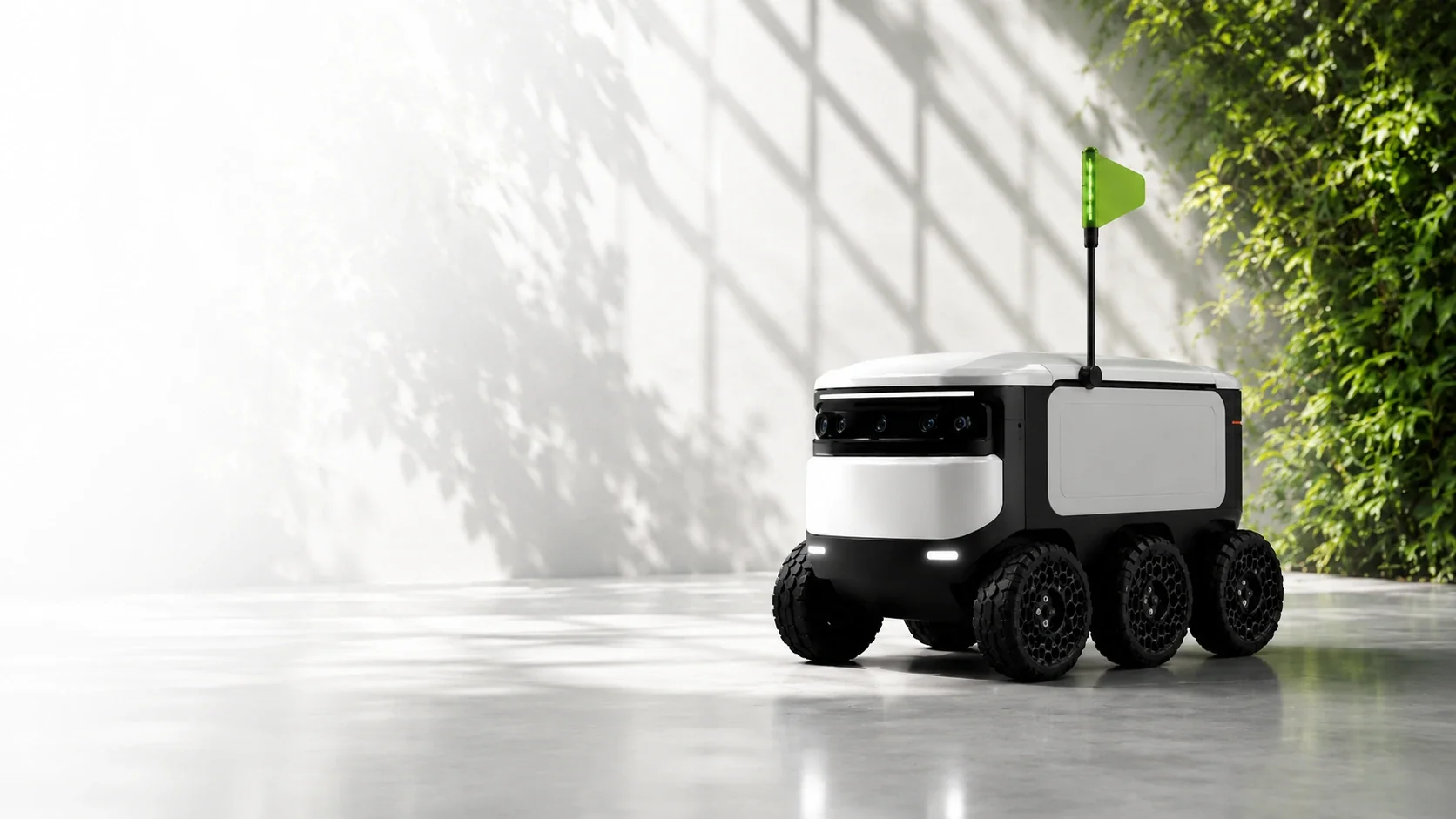 Lieferroboter greenbot. in einer hellen architektonischen Umgebung