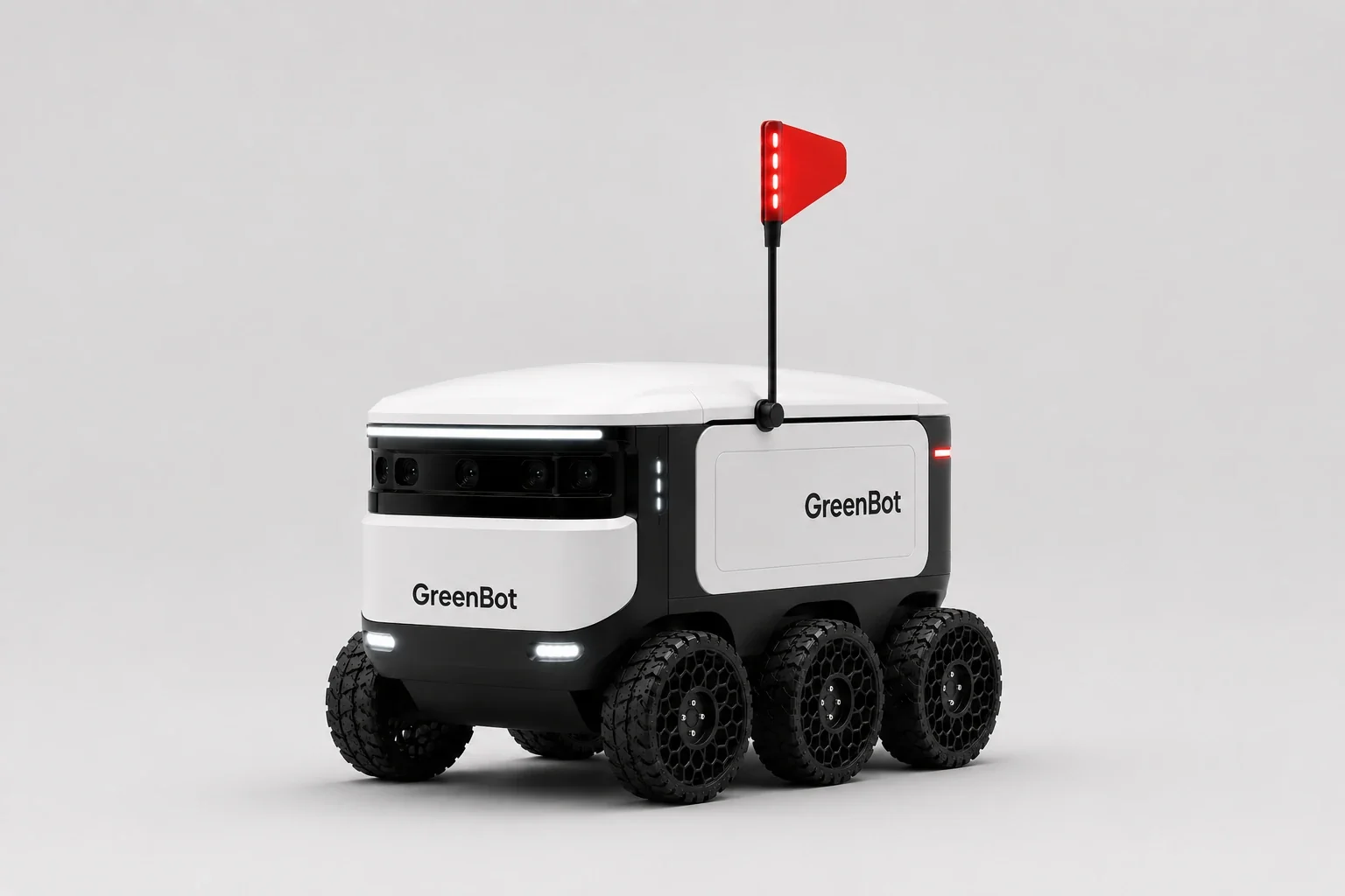 Dreiviertelansicht des Lieferroboters greenbot. im Studio